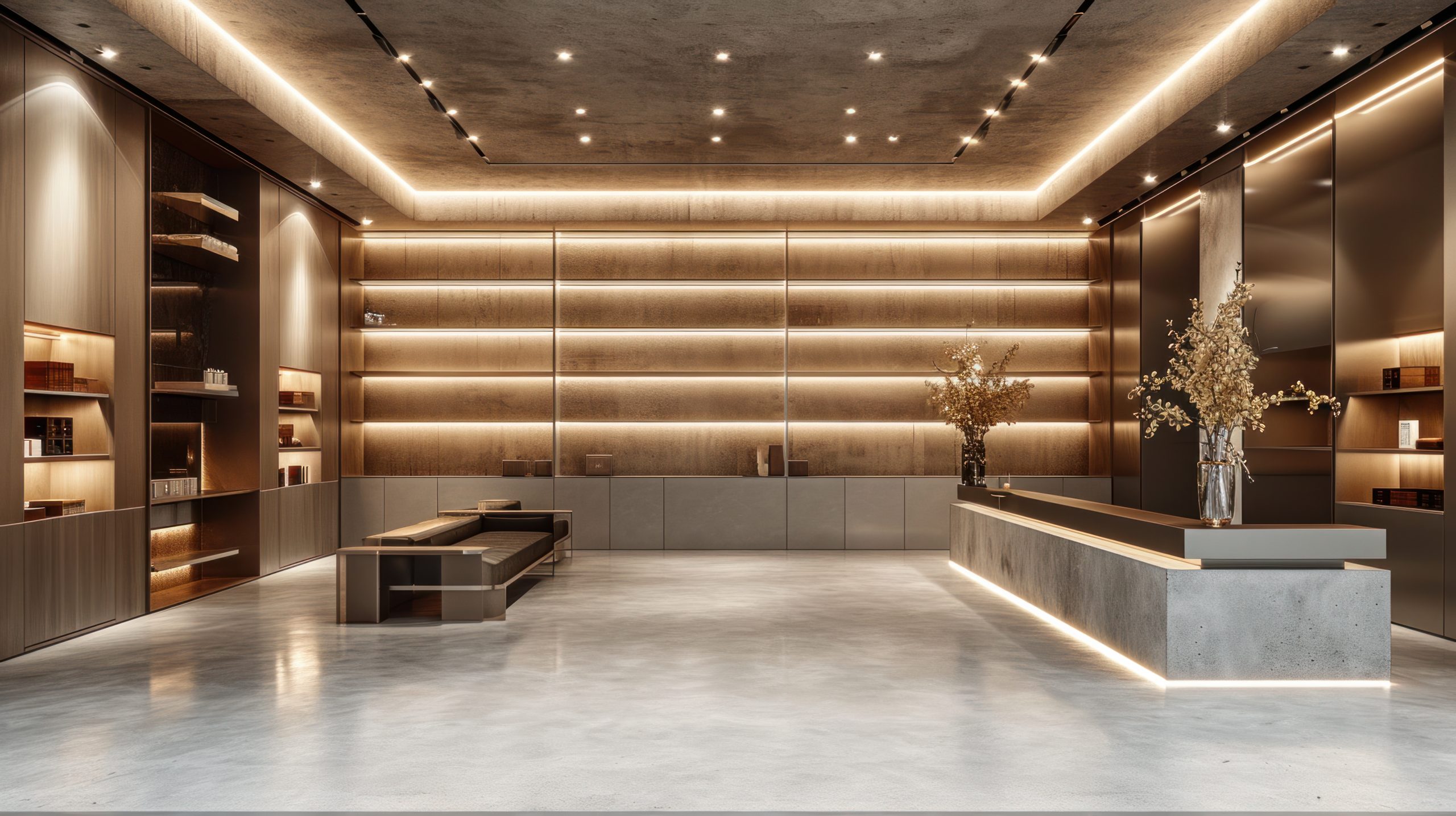 Minimalist modern lobby with sleek furniture, ambient lighting inspired by retail spaces, and decorative vases on a polished concrete floor.