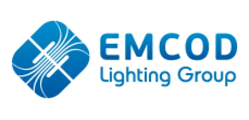 EMCOD Lighting Group logo with blue abstract icon and company name in blue text.