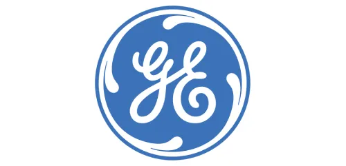 Blue circular General Electric (GE) logo with white cursive "GE" initials and ornate white borders.