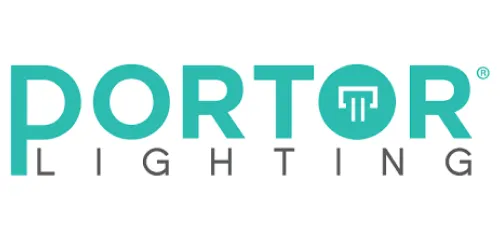 Portor Lighting logo with stylized turquoise text and a lamp icon in the letter "O.