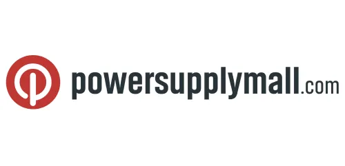 Logo for powersupplymall.com with a red circle and white "p" symbol to the left of the website name in black text.