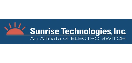 Logo of Sunrise Technologies, Inc., an affiliate of Electro Switch, with a sunrise graphic on a blue background.