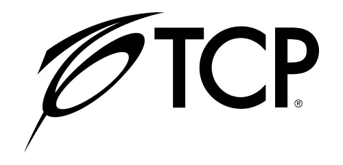 TCP logo in black text with a stylized swoosh design to the left of the letters.