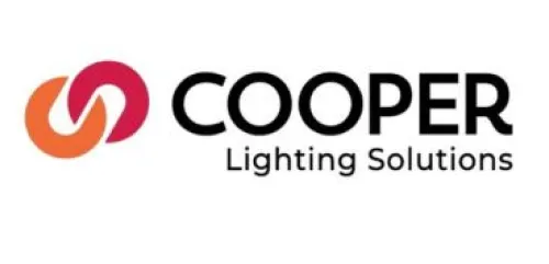 Cooper Lighting Solutions logo with red and orange circular design to the left of the company name.