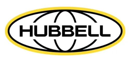 Hubbell logo with black text inside a white oval outlined in yellow and black with curved lines.
